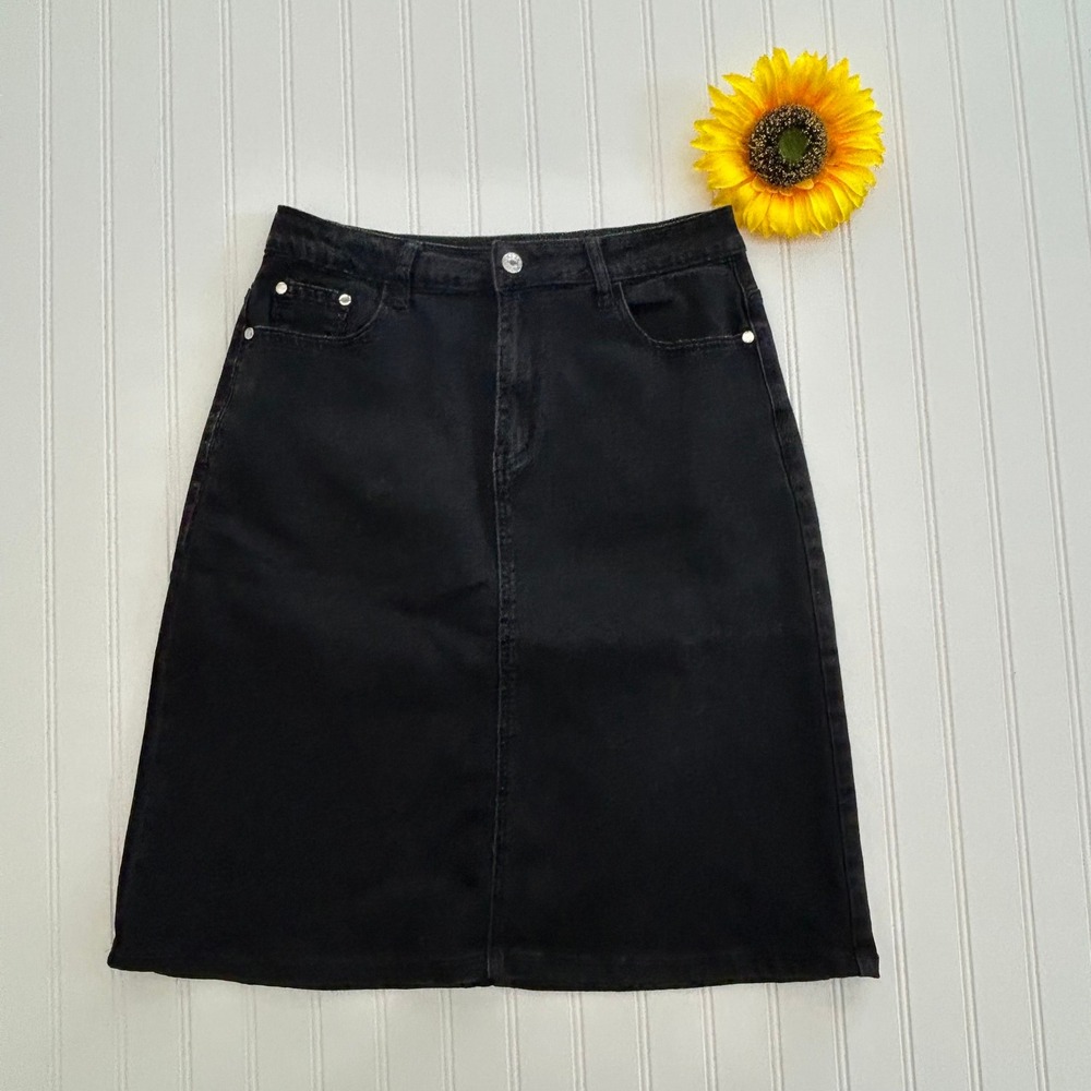 Unbranded Denim Skirt M Women Black Excellent A-Line Midi Stretch 5-Pocket